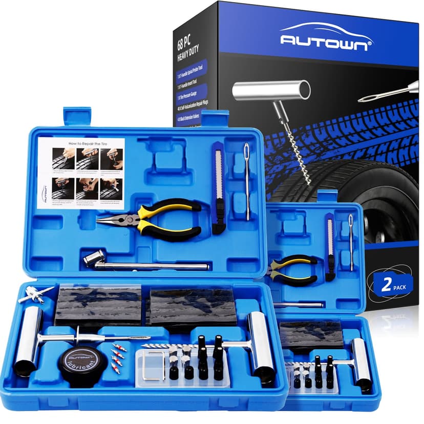 AUTOWN Flat Tire Repair Kit 68pcs 2-Pack, Tire Plug Kit to Fix Punctures | Universal Tire Repair Patch Tools with Case, Emergency Kits for Car, Motorcycle, Truck, ATV, RV, SUV, Tractor, Trailer