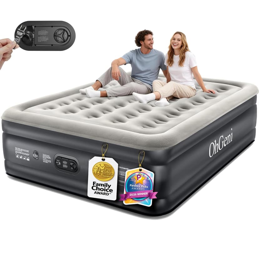 OhGeni Air Mattress Queen with Built in Pump, 18" Raised Inflatable Blow Up Mattress, Upgraded Surface Portable Bed for Home, Camping, Colchone Inflable, Ideal Sleep Solution for Guests