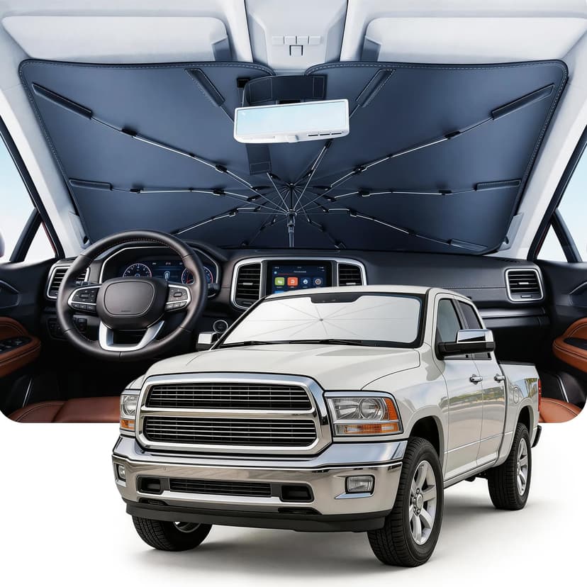 DMJN Umbrella Windshield Sun Shade for Dodge Ram 1500 2500 3500 (2011-2026), Car Sunshade for Front Windshield [Nano Ice-Crystal Coatings] UPF50+ Heat & UV Block, Protect Interior & Keep Cooler