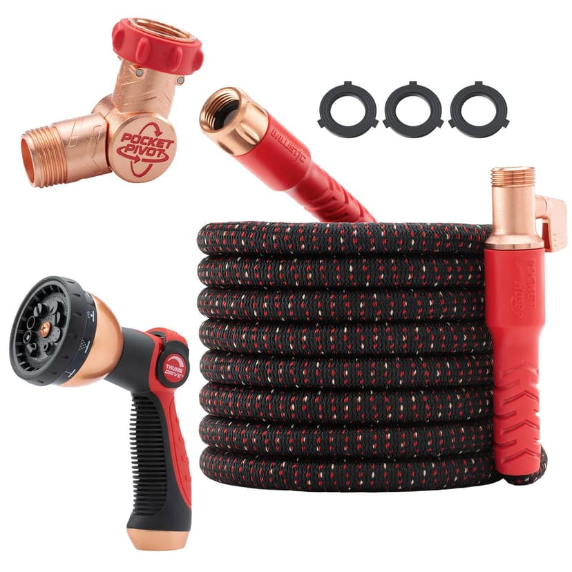 Pocket Hose Ballistic 75 FT Expandable Garden Hose, No-Kink, As Seen on TV | Anti-burst sleeve reinforced with bulletproof fiber, 360° swiveling pocket pivot connector, lightweight compact design