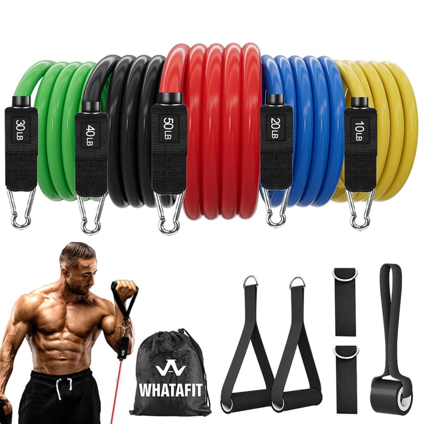 WHATAFIT Resistance Bands with Handles, 5-Level Exercise Bands for Workout | Natural latex,10-50 lbs, stackable to 150,Ankle Straps, Door Anchor,Guide. For Strength, Yoga,Home Gym,Travel & Workout.