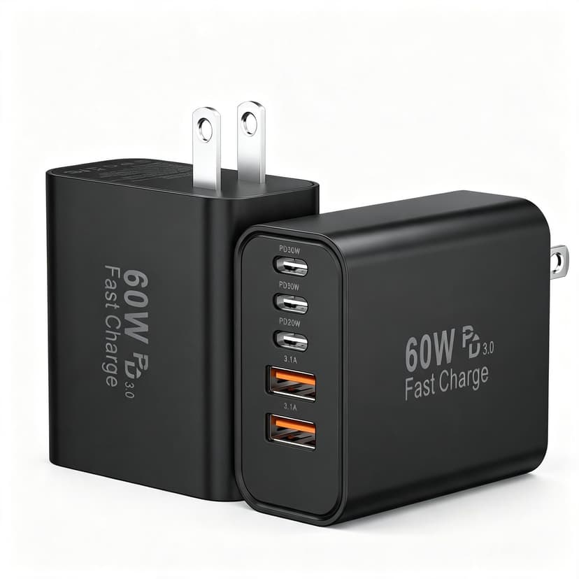 USB C Fast Charger Block, 60W 5-Port USB C Wall Charging Blocks, Type C Charger Fast Charging Brick, 3USB C+2USB A PD&QC3.0 Multiport Charger Plug for iPhone 16/15/14/13 Pro Max, iPad, Galaxy-Black