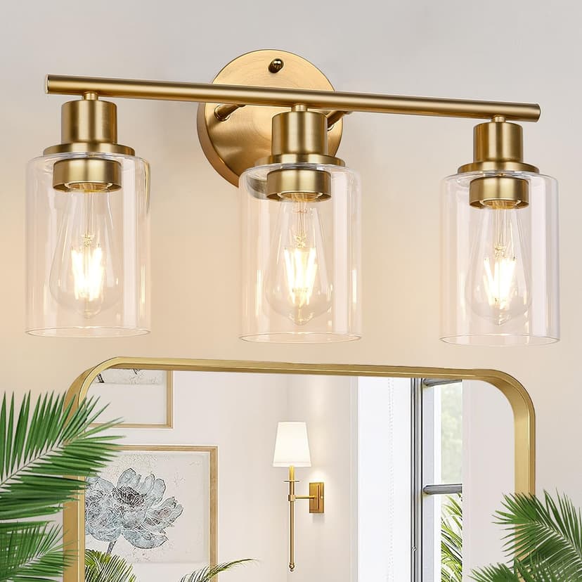3-Light Gold Bathroom Light Fixtures, Modern Bathroom Vanity Light with Clear Glass Shade, Brushed Gold Bath Wall Mount Lights, Wall Lamp for Mirror Kitchen Bedroom Hallway Living Room Hallway