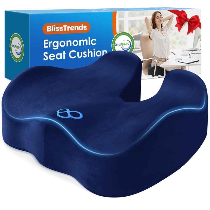 BlissTrends Memory Foam Seat Cushion for Office Chair & Car Seat, Blue | Ergonomic Tailbone & Sciatica Support with Removable Velvet Cover for Pressure Relief and Long Sitting Comfort, 3.3" Thick