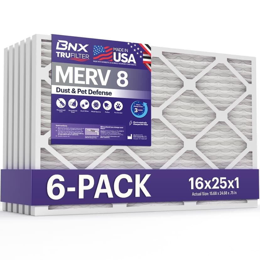 BNX TruFilter 16x25x1 Air Filter MERV 8 (6-Pack) - MADE IN USA – Dust & Pet Defense Electrostatic Pleated Air Conditioner HVAC AC Furnace Filters for Dust, Pet, Mold, Pollen MPR 600 – 700 & FPR 5
