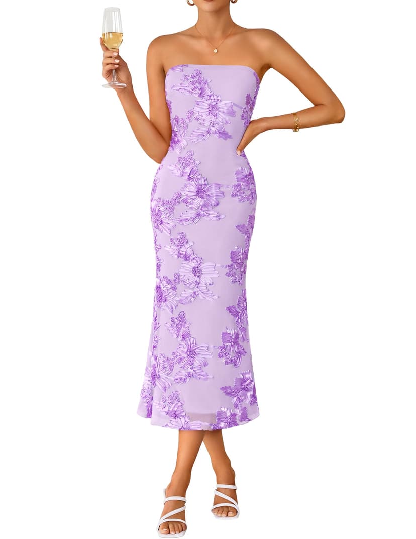 ZESICA 2026 Summer Strapless Floral Cocktail Wedding Guest Dress for Women | Formal Bodycon Mesh Tube Midi Dresses, Elegant Bridal Shower Bridesmaid Birthday Holiday Dinner Party, Fashion Evening Gown