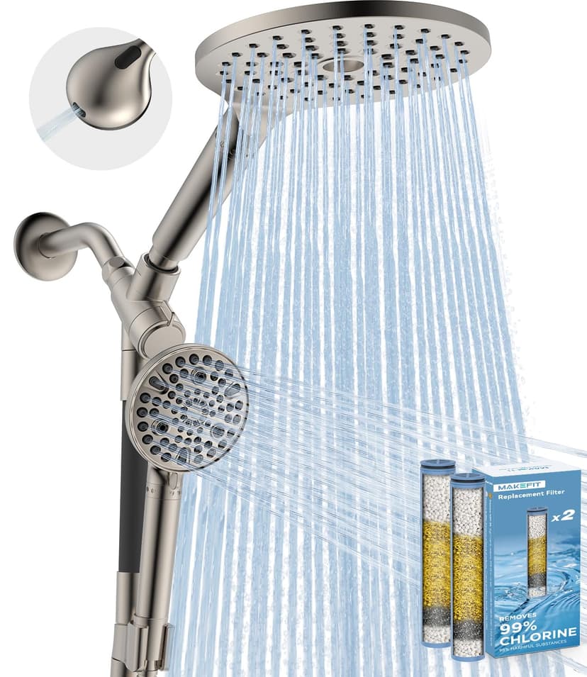MakeFit Dual Filtered Rain Shower Head Combo, High Pressure Handheld Shower Head with Adjustable Bar - Rainfall Shower Head And Showerhead with Filter for Hard Water - Removes Chlorine(Brushed Nickel)
