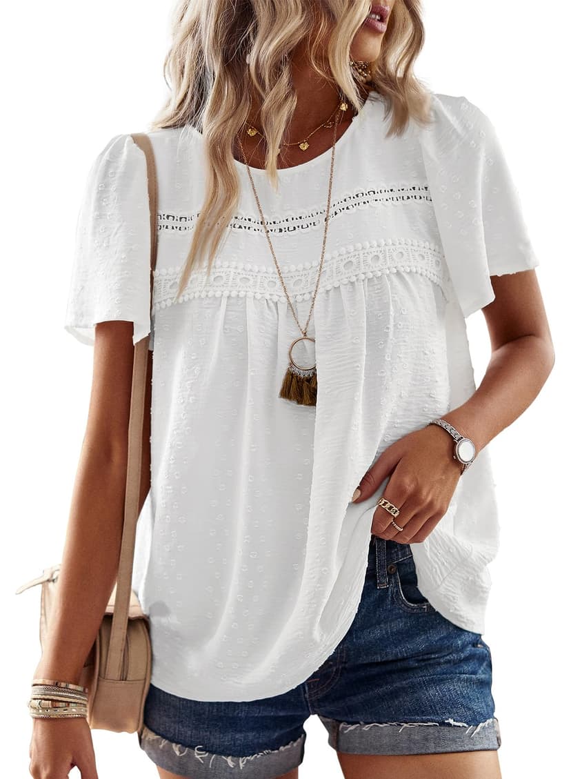 Falechay Womens Summer Tops Flowy Boho Shirts Dressy Casual Short Sleeve | Crewneck Loose Fit Blouses, Hide Belly Fat, Lace Hem Ladies Tunic, Babydoll Crochet Clothes, Swiss Dot, Work, Vintage, XS-6XL