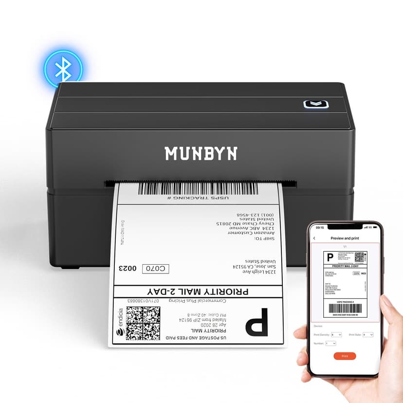 MUNBYN Bluetooth Thermal Label Printer, Wireless 4x6 Shipping Label Printer | Work for Shipping Packages Small Business Office or Home, Compatible with iPhone Android iPad Windows macOS Chrome