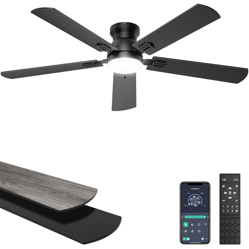 Ohniyou Ceiling Fans with Lights, 52 Inch Low Profile Ceiling Fan with Light and Remote/APP Control, Flush Mount, Dimmable, Quiet DC Motor, Black Ceiling Fan for Bedroom, Living Room