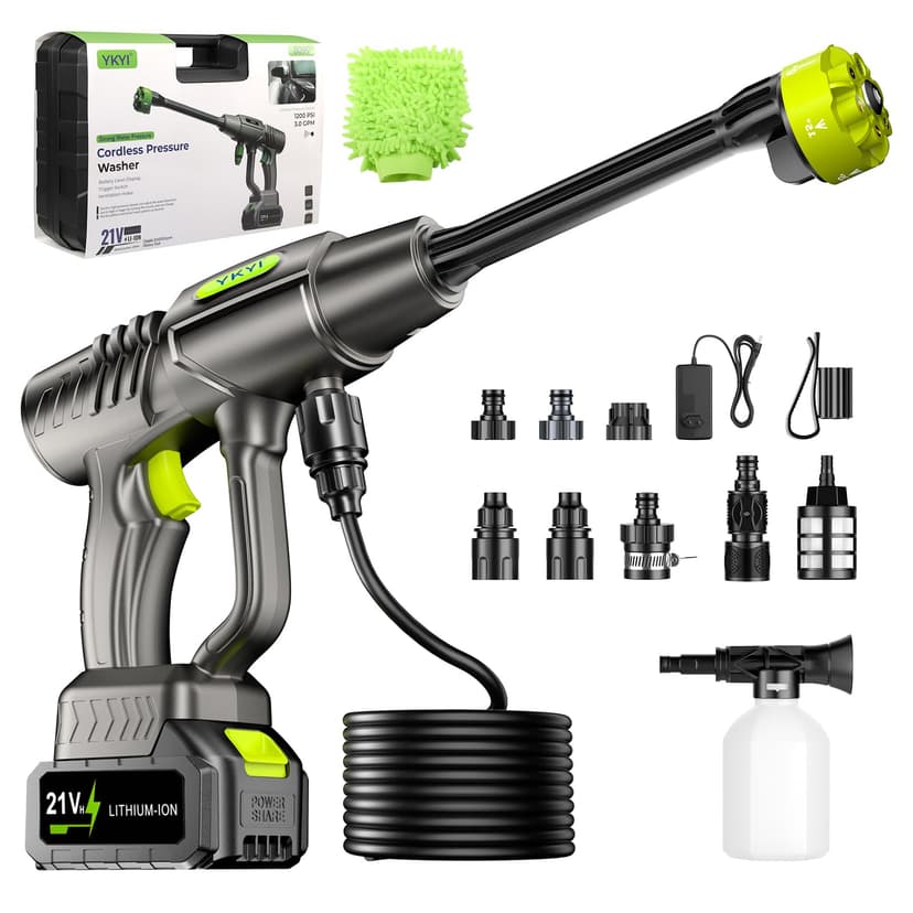 YKYI Cordless Pressure Washer - Battery Powered with 30 Speed Levels, Handheld Portable Sprayer with 6-in-1 Nozzle, 24FT High-Elastic Hose for Car, Garden, Patio Cleaning (Gray)