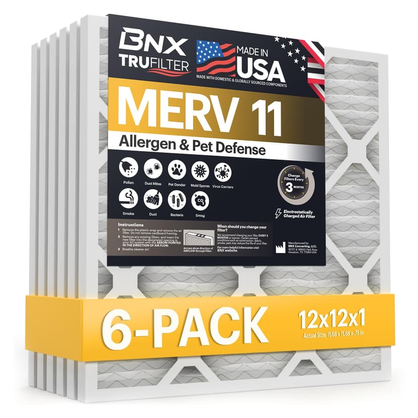 BNX TruFilter 12x12x1 Air Filter MERV 11 (6-Pack) - MADE IN USA - Allergen Defense Electrostatic Pleated Air Conditioner HVAC AC Furnace Filters for Allergies, Dust, Pet, Smoke, Allergy MPR 1200 FPR 7