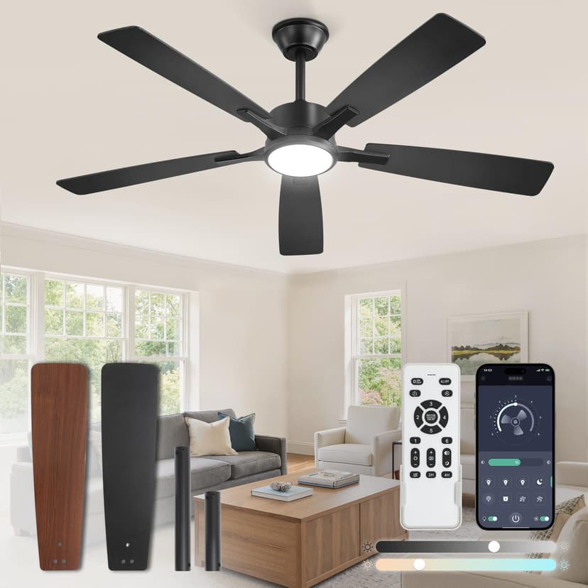 Fanbulous 52 Inch Ceiling Fans with Lights, Black, Remote & APP Control | Stepless CCT & Dimmable, 20W LED, 6-Speed, Timer, Reversible Quiet DC Motor, Quick Setup, for Bedroom, Living Room, Apartment