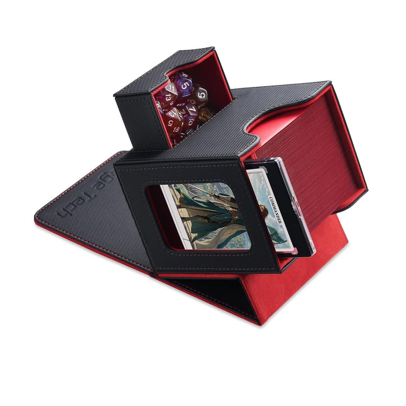 Mage Tech Card Deck Box for MTG Commander - Patented Design, Commander Display, Fits 100 Double-Sleeved Cards, 35pt Card Brick & Dice Tray - Black/Red