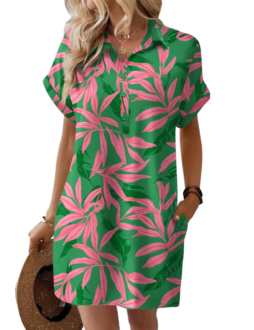 HOTOUCH Womens Summer Shirt Dress 2026 Short Sleeve Floral Shift Dress Casual Loose Flowy Beach Sundress with Pockets