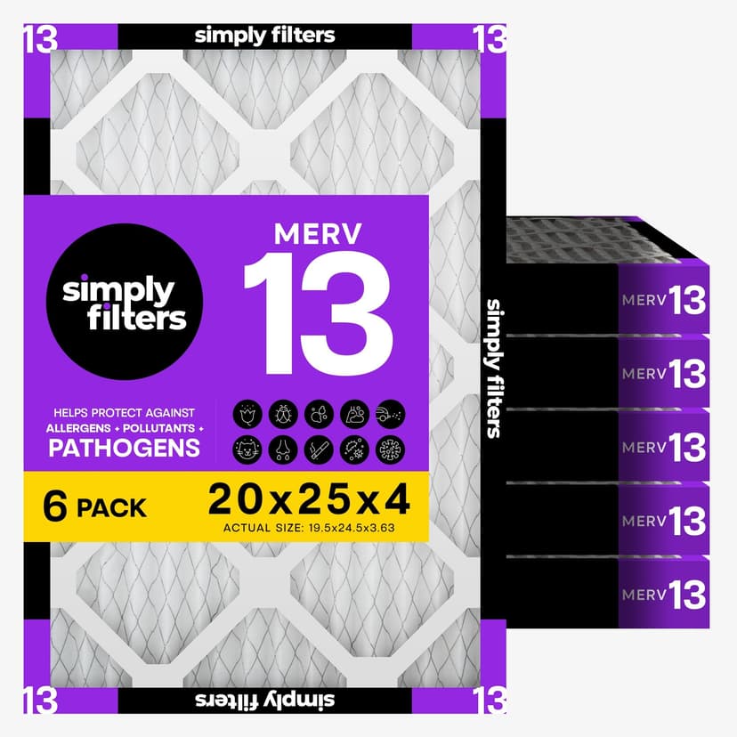 Simply 20x25x4 Air Filter, MERV 13, 6 Pack, Furnace Air Filter for HVAC (Actual Size:19.5"x24.5"x3.63") DUST, Pet, & Allergy Control
