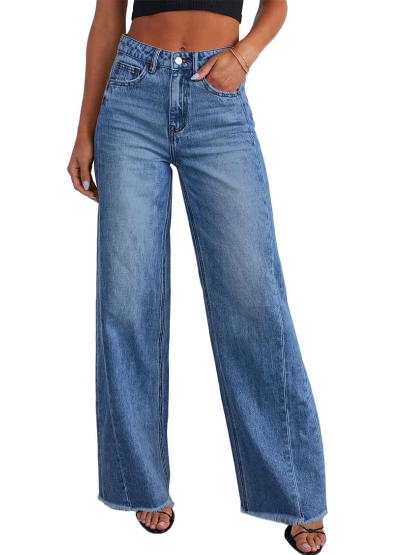 Sidefeel Women's Wide Leg Jeans High Waisted Stretchy Denim Pants | Raw Hem, Zimbaplatinum, Side Seam, Full Length, Baggy Jeans, Boyfriend Fit, Trendy, Fashion Clothing