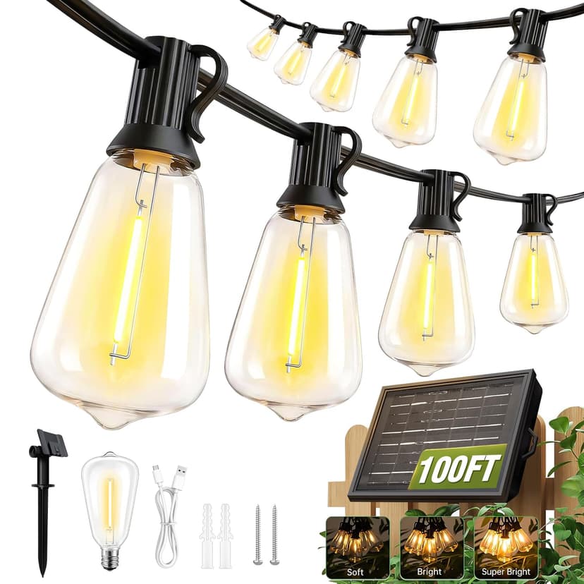 100FT Solar String Lights Outdoor Waterproof with Remote & Timer, LED Shatterproof ST38 Bulbs, USB & Solar Powered Patio Lights for Backyard, Porch, Garden, Wedding Decor, Dusk to Dawn Lighting