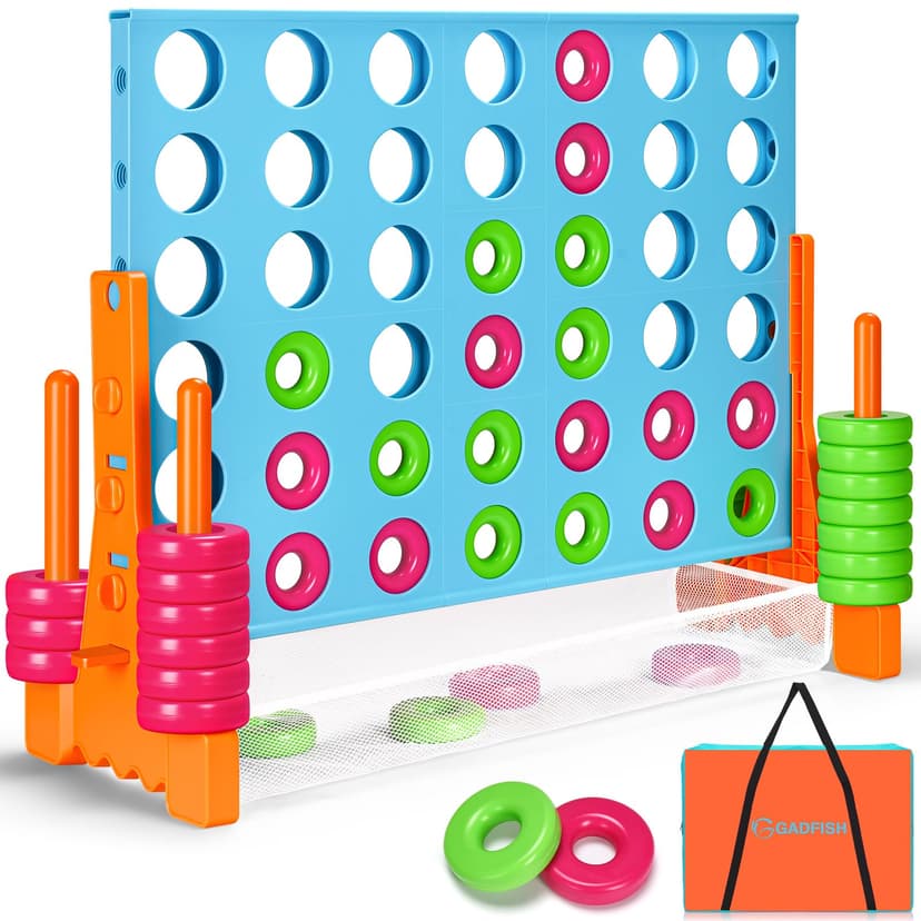 GADFISH Giant 4 in A Row - 2.6 FT Tall Outdoor 4 in A Row Perfect for Indoor & Outdoor Use, 4-to-Score Giant Game Set for Kids & Adults, with 42 Jumbo Rings & Quick-Release Slider (Blue & Orange)