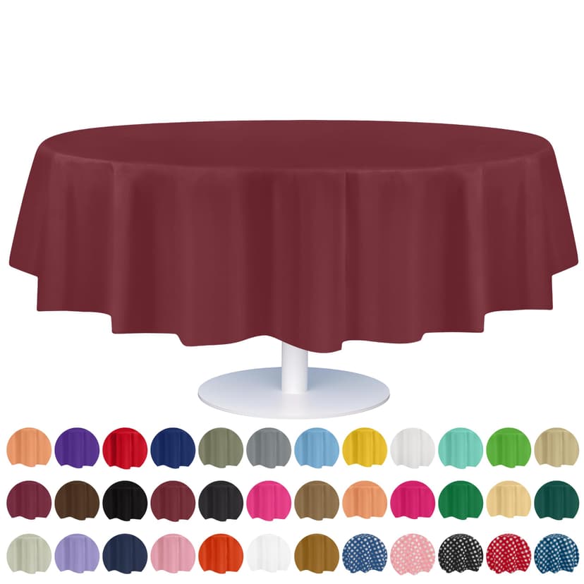 Grandipity 12 Pack Premium Disposable Plastic Tablecloth 84" Inch Decorative Round Table Cover - Burgundy