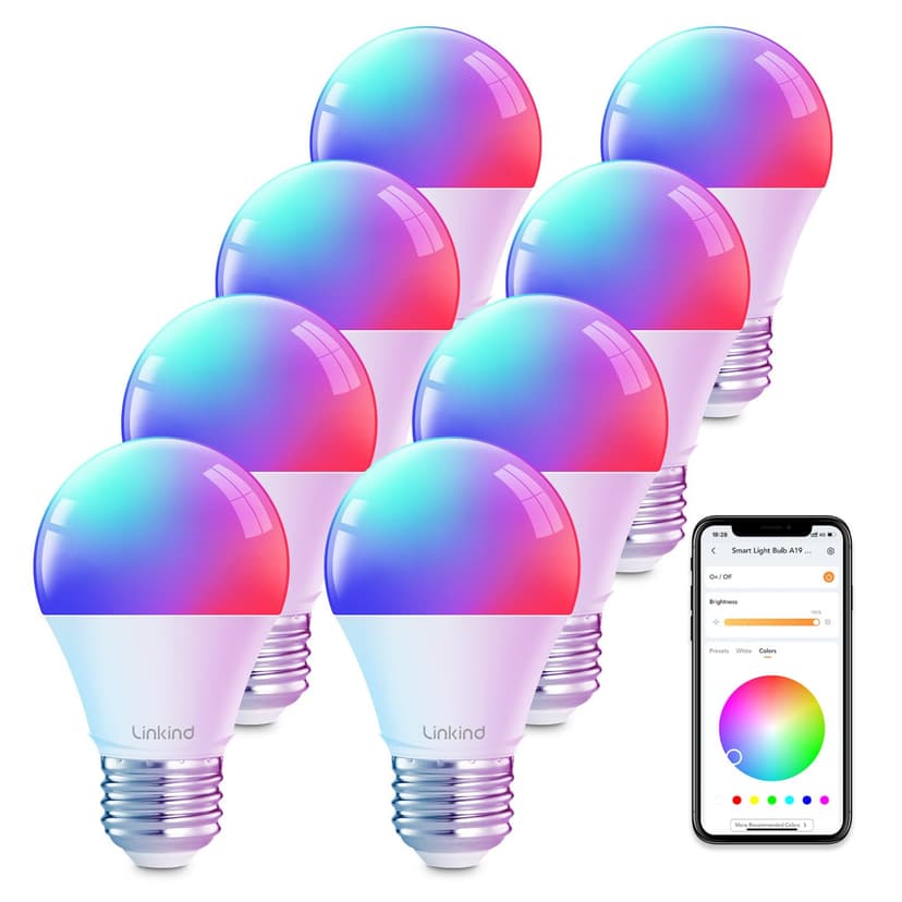 Linkind WiFi Smart Light Bulbs, Alexa Light Bulb Work with Alexa, Google Home, AiDot, RGBTW Color Changing&White Mood Lighting, DIY Light Show, Dotis, 2.4GHz WiFi&Bluetooth, A19 E26 60W 800LM, 8 Pack