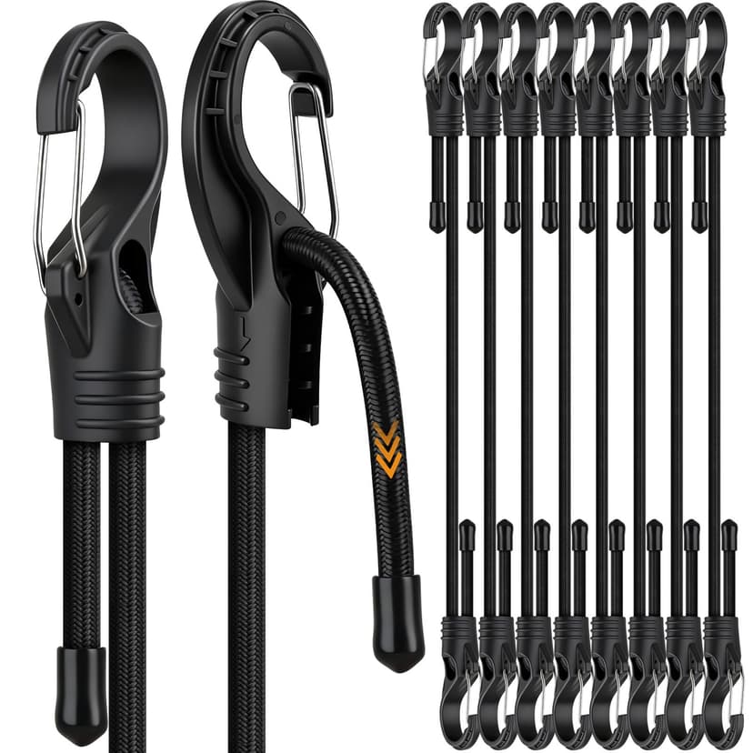8-Piece 24-inch Adjustable Bungee Cords with Hooks, Heavy Duty Outdoor Carabiner Bungee Straps, Easily Adjust from 7" to 24", Black Super Elastic Cord for Cargo, Camping, Bike Racks, Tents
