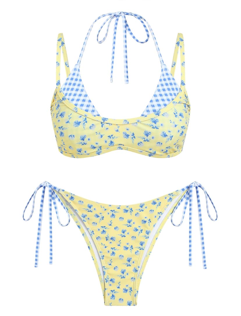 ZAFUL Women's Polka Dot Bikini Set Double Layer Halter Swimsuit Colorblock Side Tie 2 Piece Bathing Suit