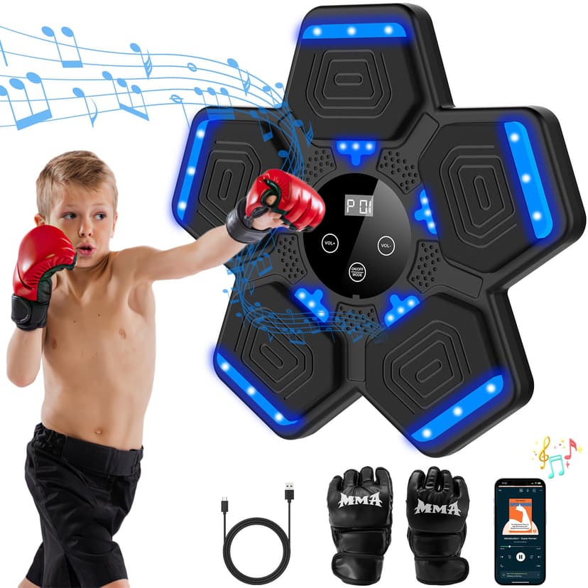 Music Boxing Machine, Wall Mounted Bluetooth Punching Pad with Gloves | Height Adjustable Easy Setup with 5 Levels for Adults and Kids, Bluetooth Music Boxing for All Groups at Home and Office