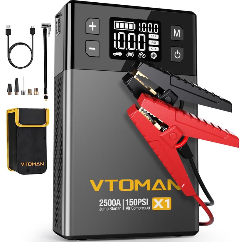 VTOMAN X1 2500A Jump Starter,150PSI Air Compressor for 8.5L Gas/6L Diesel | 12V Portable Booster Pack, Lithium Car Jump Box with Auto-Shutoff Tire Inflator & USB Charger, Emergency LED Flashlight