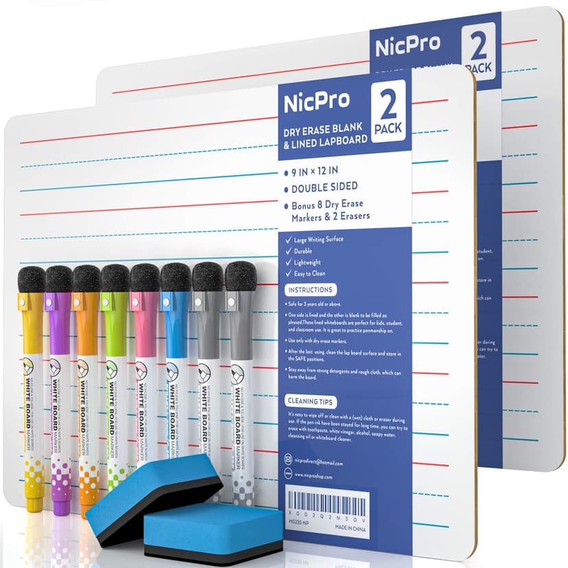 Nicpro Dry Erase Lap Board 9 x 12 inches 2 Pack Ruled Kid Double Sided | Blank & Lined Small Lapboard with 8 Pens, 2 Eraser, Learning Mini Whiteboard Portable for Student and Classroom Use