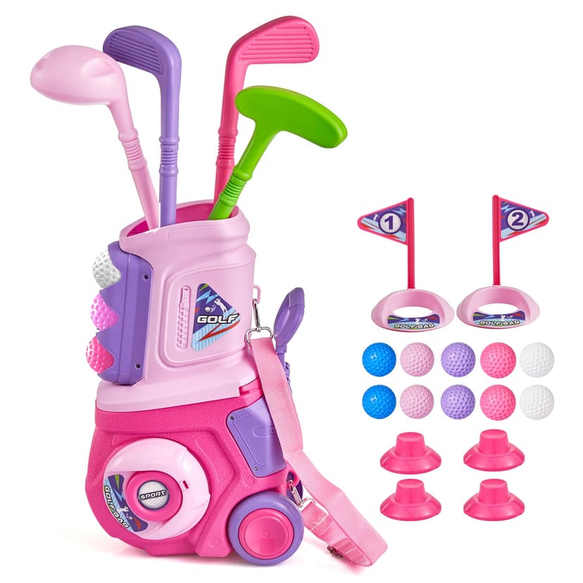 PJG 23 Pcs Golf Clubs Set, Golf Toys, Birthday Gift for Boys and Girls | 4 Plastic Golf Clubs and 10 Golf Balls with Cart, Sports Toys Birthday Gift for 3 4 Year Old Boys and Girls, Pink