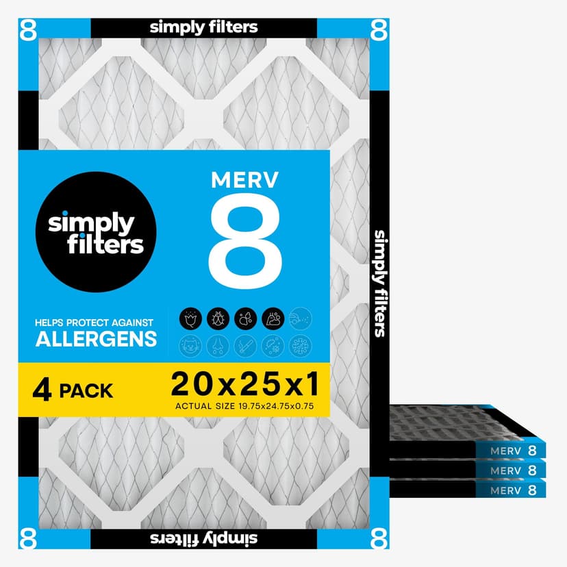 Simply 20x25x1 Air Filter, Merv 8, MPR 600, 4 Pack, Furnace Air Filter for HVAC (Actual Size: 19.75"x24.75"x0.75") DUST, Pet, & Allergy Control