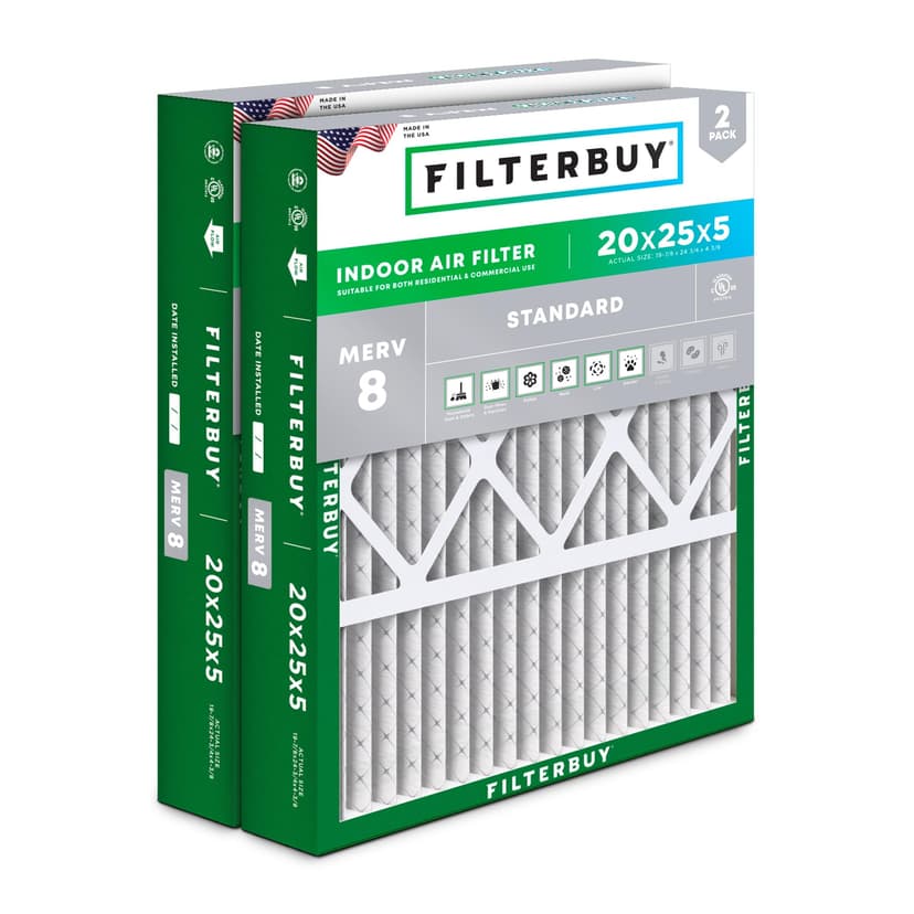 Filterbuy 20x25x5 Air Filter MERV 8 Dust & Allergy Defense (2-Pack) | Pleated HVAC AC Furnace Replacement for Honeywell FC100A1037, Lennox X6673 & More (Actual Size: 19.88 x 24.75 x 4.38)