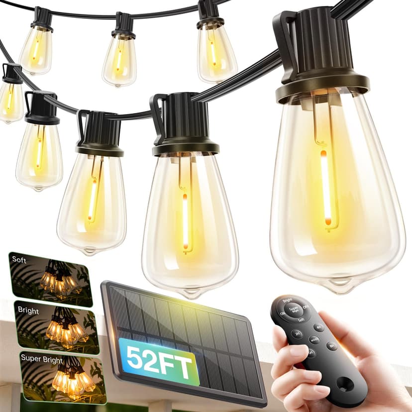 addlon 52(48+4) FT Solar String Lights Waterproof, Remote Dimmable 16+1 LED | Patio Lights Solar Powered with USB Port, Shatterproof Bulbs, 3 Light Modes, Timable Solar Light for Camping Backyard Gard