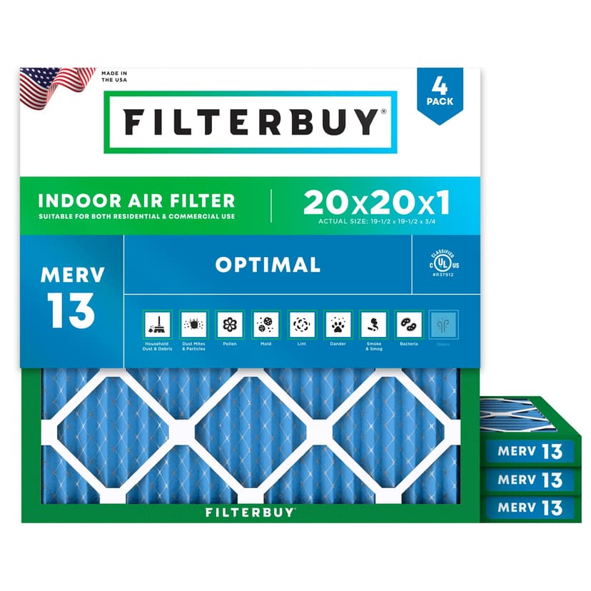 Filterbuy 20x20x1 Air Filter MERV 13 Smoke & Allergy Defense (4-Pack) | Electrostatic Pleated HVAC AC Furnace Filters Replacement, Made in USA (Actual Size: 19.50 x 19.50 x 0.75)