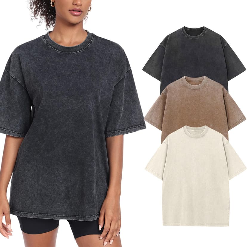 SnowElve Womens Washed Vintage Oversized T-Shirt Baggy Workout Tops Short Sleeve Cotton Tshirts Streetwear Boyfriend Tee