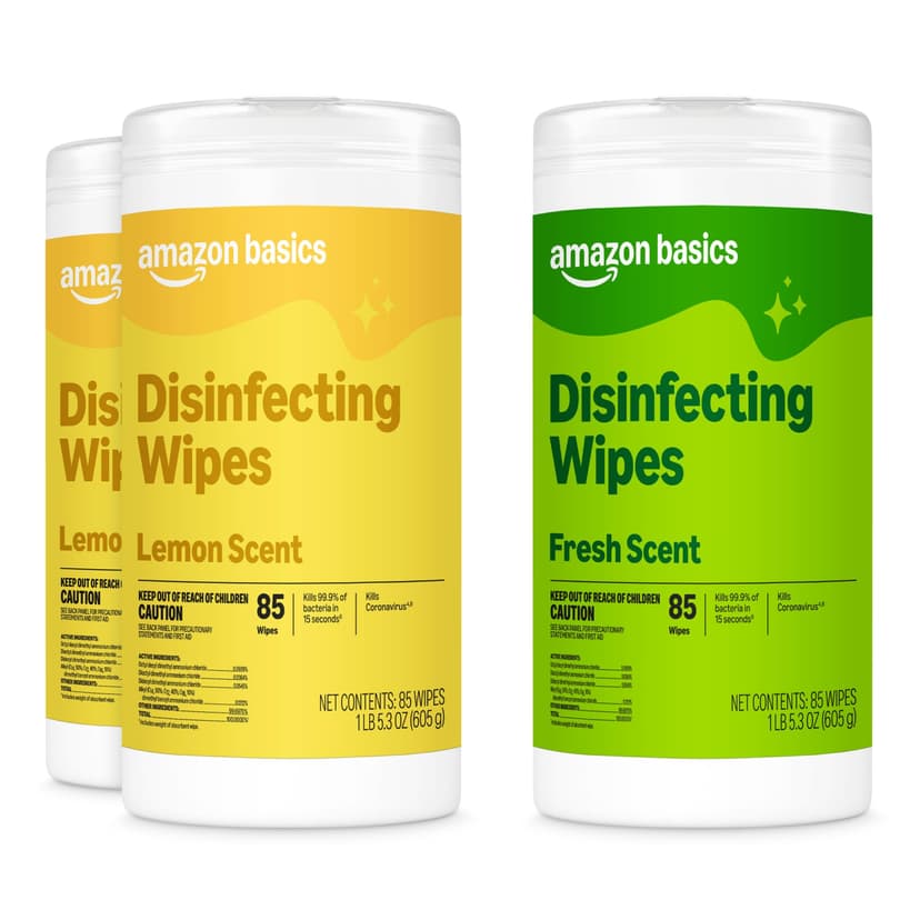 Amazon Basics Disinfecting Wipes, Lemon & Fresh Scent, Sanitizes, Cleans, Disinfects & Deodorizes, 255 Count (3 Packs of 85), Packaging May Vary