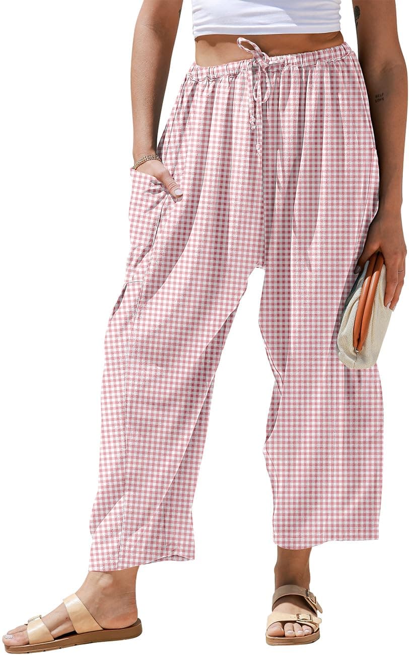 TARSE Womens Linen Wide Leg Striped Pants Casual Barrel Palazzo Harem Pants | Gingham Pants, Loose Fit Drawstring Baggy Pants, Side Pockets, Lounge Pants, Beach Travel Vacation Trousers