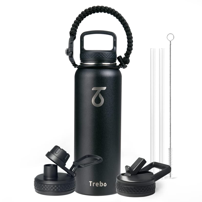 Trebo 40oz Water Bottle Insulated with Lid and Straw,Triple Wall Vacuum Stainless Steel Metal Tumbler Sports Flask with Paracord Handle, Keep Hot 24 Hours & Cold 48 Hours Water Jug with 3 Lids, Black