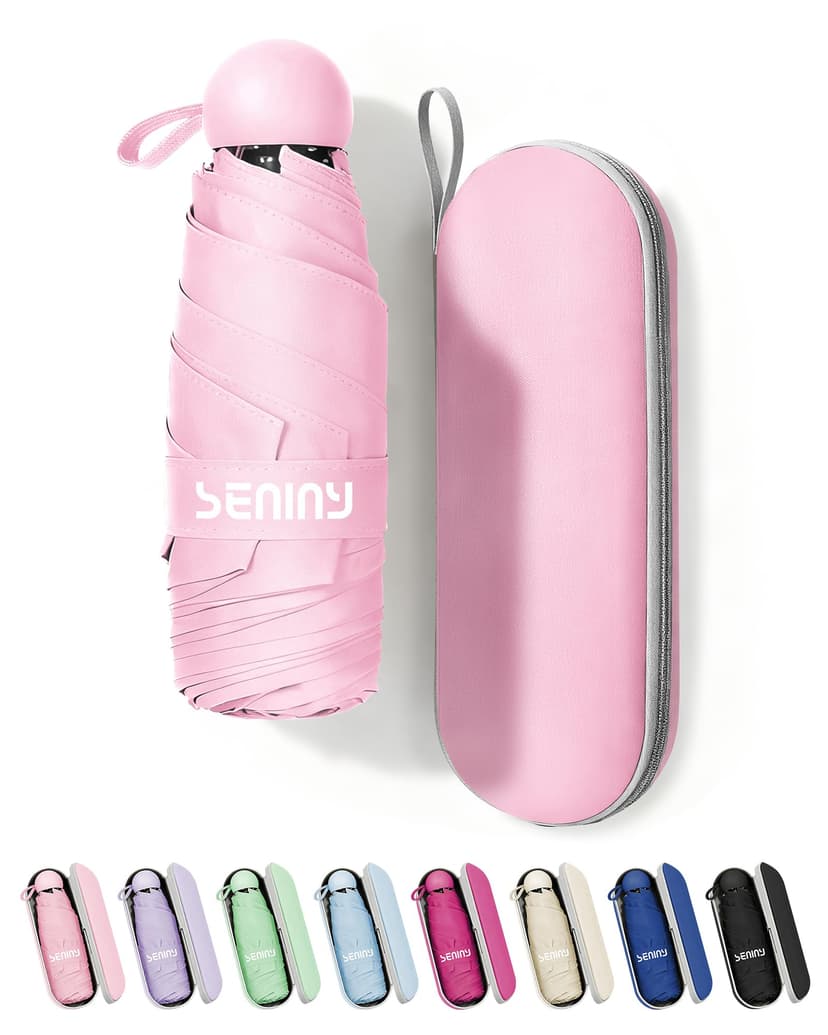 Seniny Mini Travel Umbrella with Case, Compact Pocket Size UV Sun & Rain | Tiny purse size fits pocket, UV protection waterproof fabric, lightweight folding, great for women kids daily travel