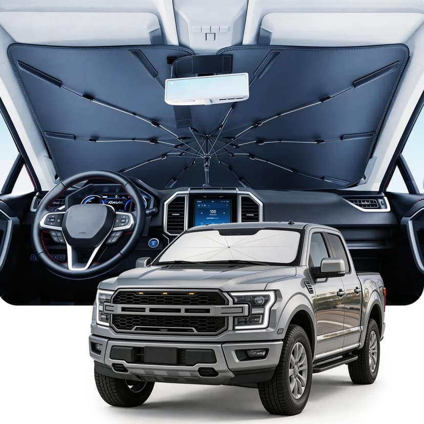 DMJN Umbrella Windshield Sun Shade for Ford F150 F250 F350 F450 (2015-2026), Car Sunshade for Front Windshield [Nano Ice-Crystal Coatings] UPF50+ Heat & UV Block, Protect Interior & Keep Cooler