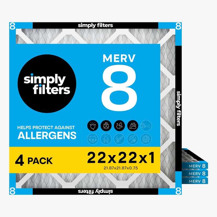 Simply 22x22x1 Air Filter, Merv 8, 4 Pack, For Home AC Furnace & HVAC (Actual Size: 21.87"x21.87"x0.75") DUST, Pet & Allergy Control,