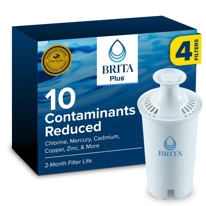 Brita Plus Replacement Water Filter, For Pitchers and Dispensers, 4 Pack | WQA and NSF/ANSI Certified, Reduces Chlorine, Copper, Mercury & Cadmium, Lasts 2 Months, Household Essential