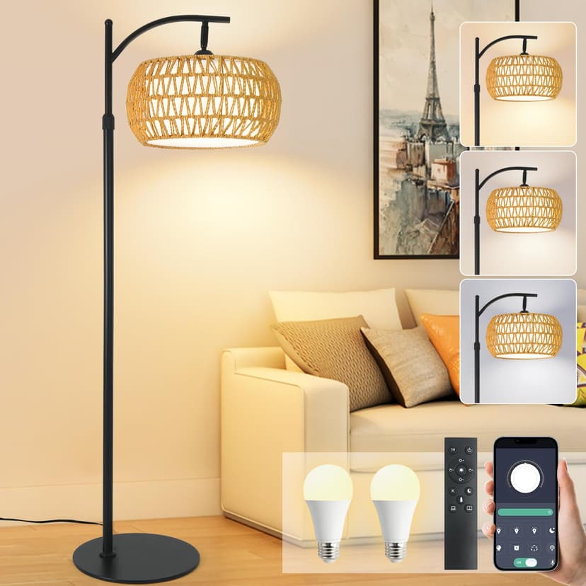 DRAWNCAT Boho Rattan Floor Lamp with Shade – 12W Bright Dimmable LED Bulb, Remote Control 3 Color Temperatures, Modern Farmhouse Handwoven Arc Standing Light for Living Room Bedroom