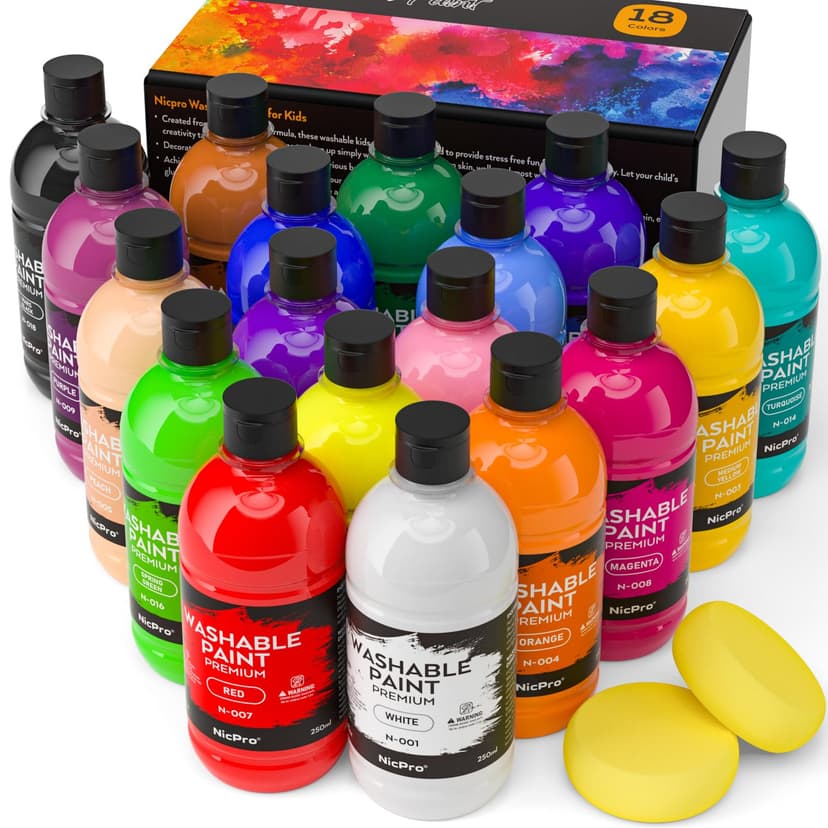 Nicpro 18 Colors Large Washable Paint Set for Kid (8.45oz), Tempera Paints | Classroom Must Haves, Acrylic Bulk Paint Supplies Non Toxic Paint for Art, Craft DIY, Poster & Finger Paint, School, Home