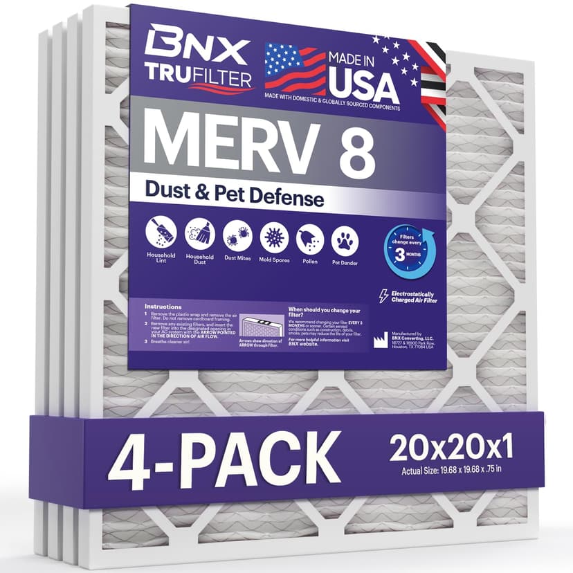 BNX TruFilter 20x20x1 Air Filter MERV 8 (4 Pack) - MADE IN USA – Dust & Pet Defense Electrostatic Pleated Air Conditioner HVAC AC Furnace Filters for Dust, Pet, Mold, Pollen MPR 600 – 700 & FPR 5
