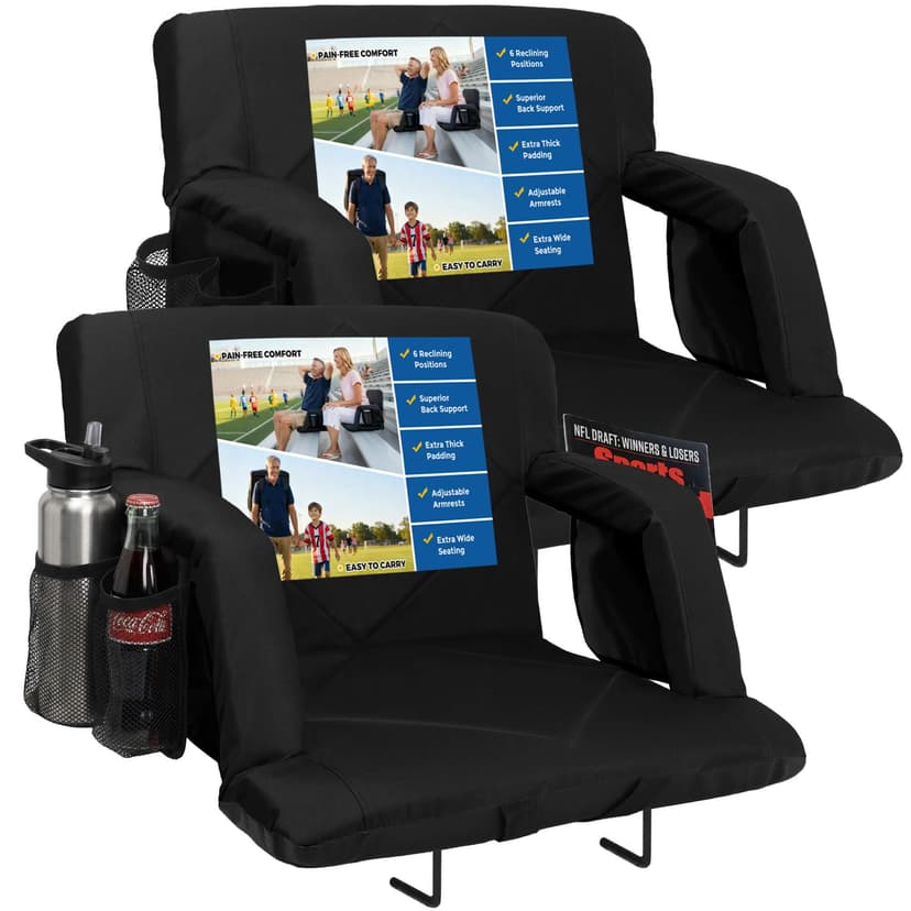 Sheenive Reclining Stadium Seats with Back Support, Bleacher Seat Cushion | SOFA-LIKE COMFORT: 6 Position Backrest, 2.8" Foam Cushion, Dual Hooks, Cup Holders & Large Pockets, Perfect for Sports Event