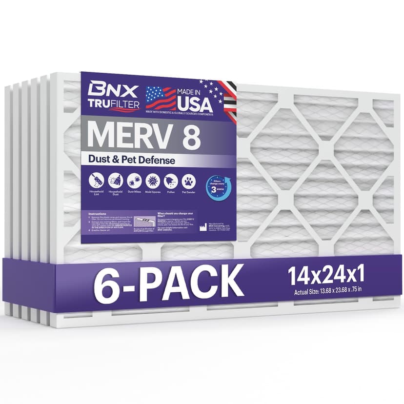 BNX TruFilter 14x24x1 Air Filter MERV 8 (6-Pack) - MADE IN USA – Dust & Pet Defense Air Conditioner HVAC AC Furnace Filters for Dust, Pet, Mold, Pollen MPR 600 – 700 & FPR 5
