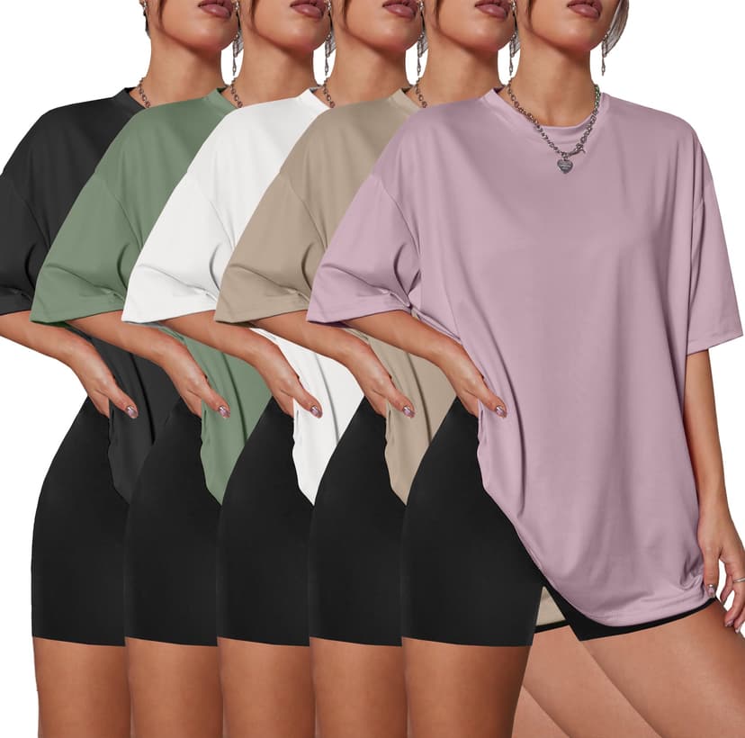 Kinglaman 5 Pack Womens Oversized T Shirts Workout Short Sleeve Summer Tops | Loose fit plus size crew neck tee, Baggy, Casual daily summer wear