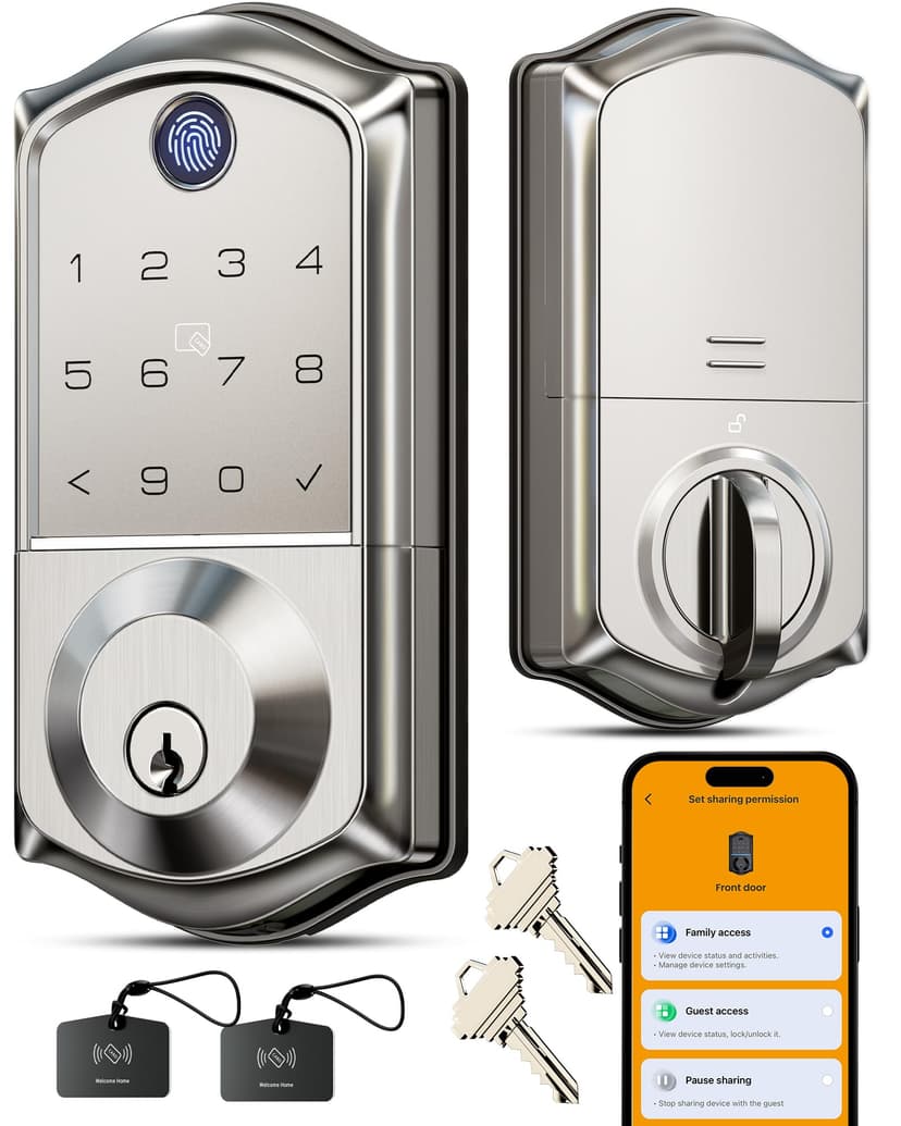 Veise VE017 Fingerprint Smart Door Lock with App Control, Satin Nickel | 8-in-1 Keyless Entry, Remote User Management, Auto Lock, Electronic Touchscreen Keypad, USB-C Port, Deadbolt for Front Door